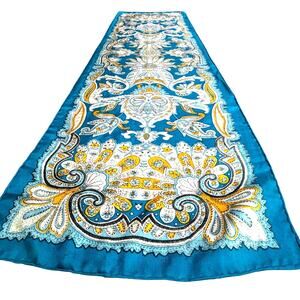 Silk scarf long rectangle blue & white flourishes gold highlights vintage 1980's
